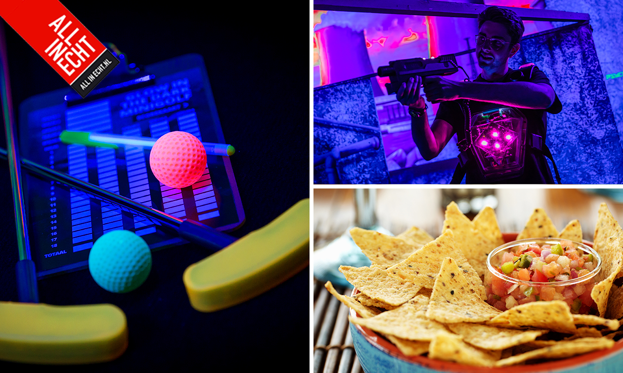 Glow in the Dark Minigolf oder 2 Runden Lasergamen + Tortillachips bei All In Echt