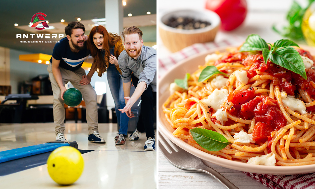 Bowlen (2 spellen) + pasta + dessert + huur schoenen