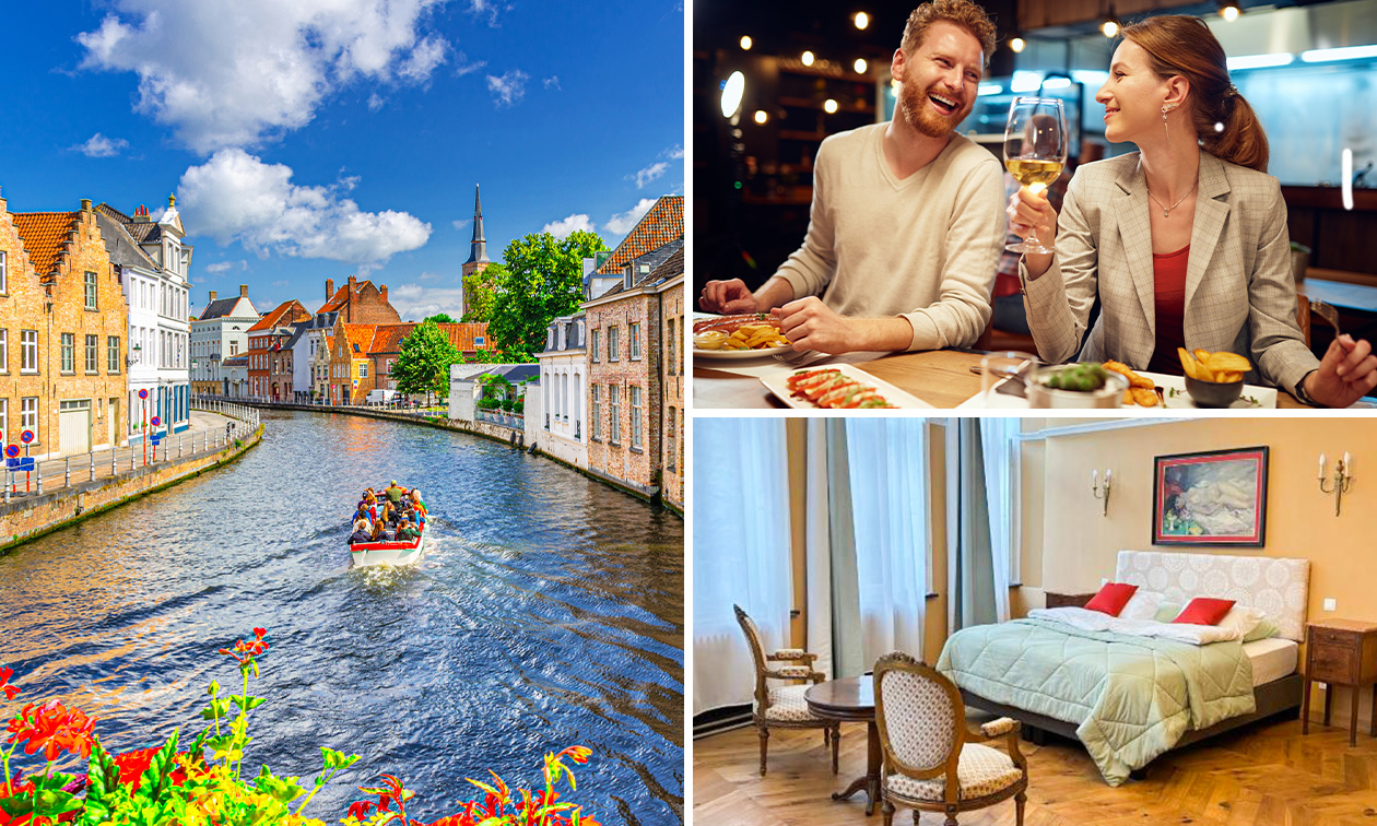 Overnachting voor 2 + ontbijt + 2-gangendiner + fles Crémant + meer in hartje Brugge