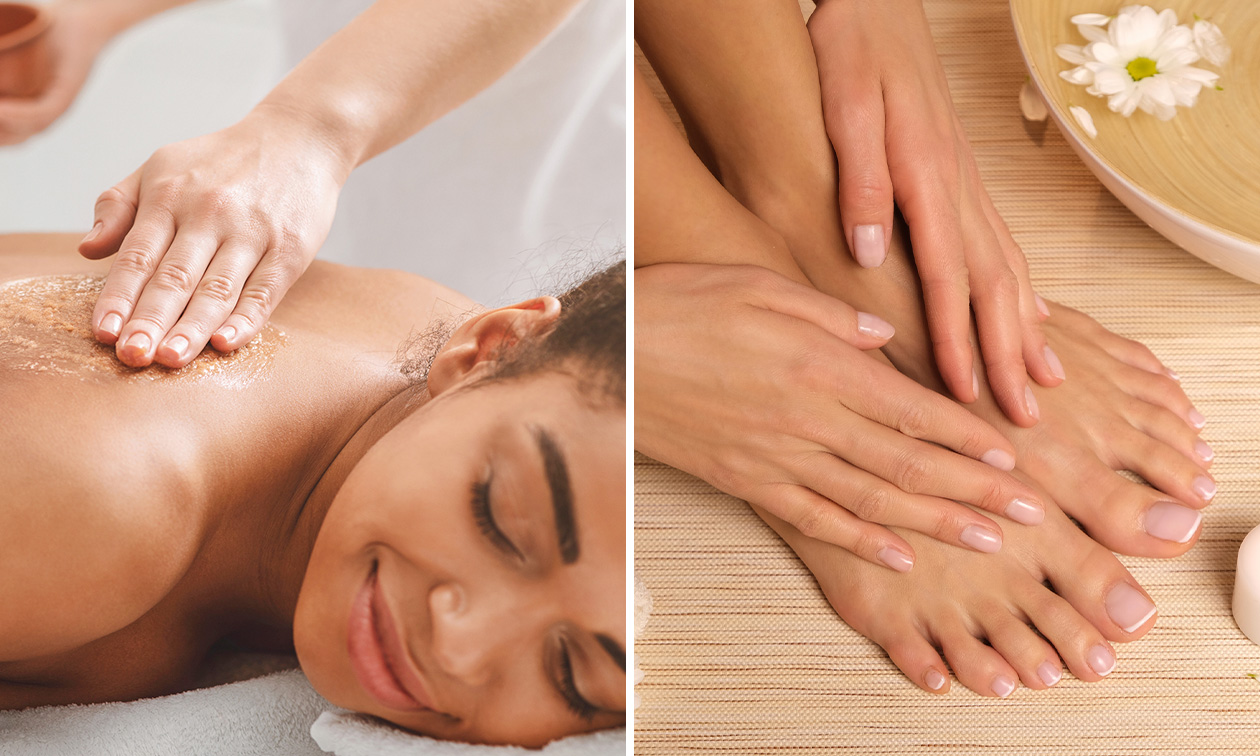 Lichaamspeeling + spa-pedicurebehandeling of spa-manicurebehandeling