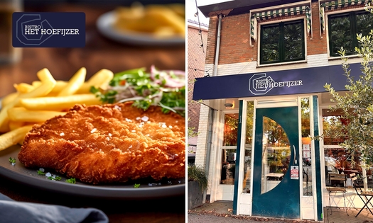 Schnitzel of braadworst + kartoffelsalat + friet bij Bistro Het Hoefijzer