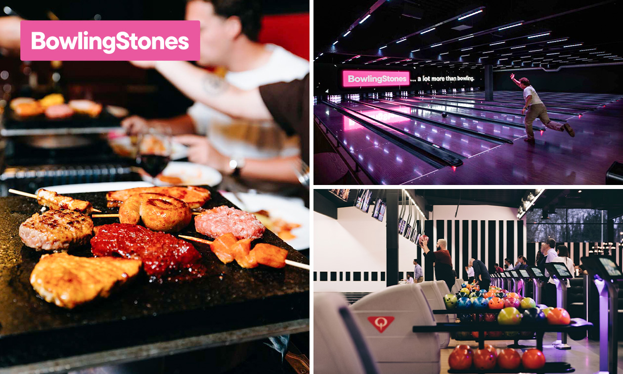 Steengrill + halve fles wijn of water + dessert + 2 uur bowlen