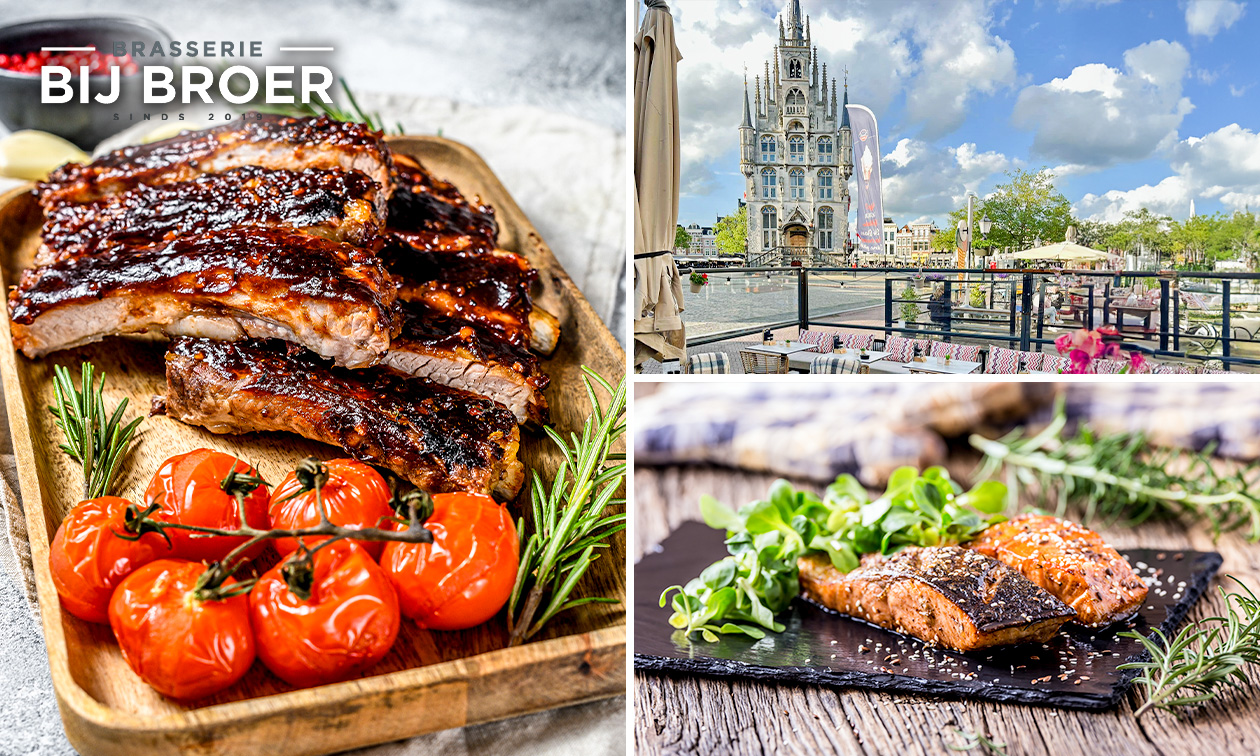 Spareribs (600 gr.) van de Big Green Egg of 3-gangen keuzediner bij Brasserie bij Broer Gouda