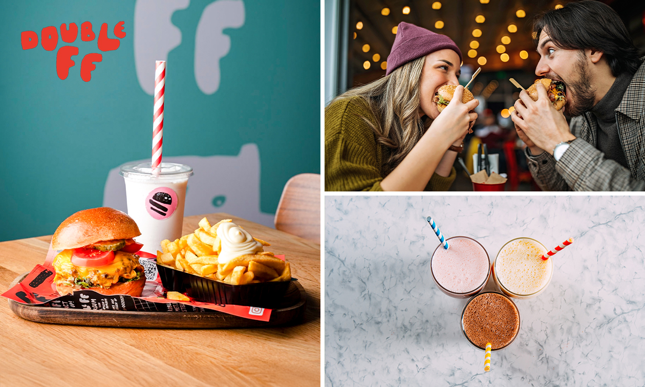 Burger + friet + saus + milkshake naar keuze