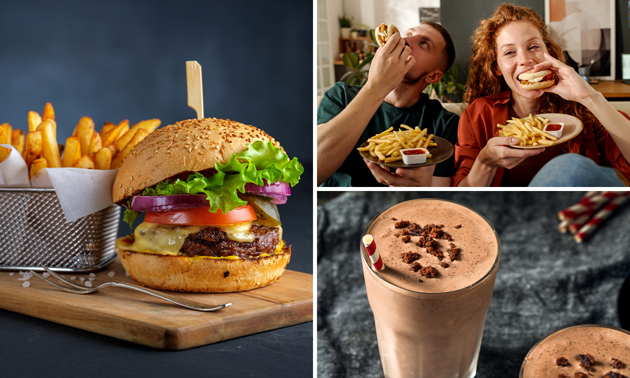 Burger + friet + saus + milkshake naar keuze