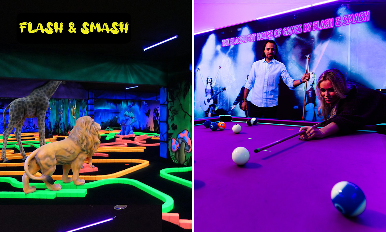 18 holes glow-in-the-dark-minigolf en/of blacklight poolen (1 uur) bij Flash & Smash