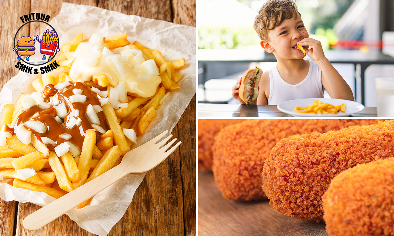Friet + saus + drankje + snack of burger naar keuze, evt. voor afhaal