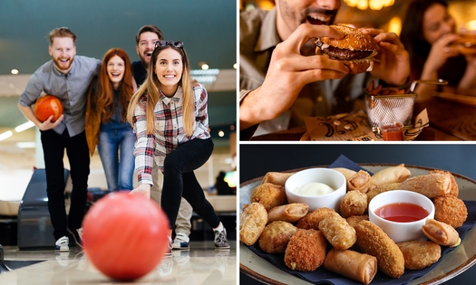 2 spellen bowlen + broodje, snacks of bickyburger + drankje naar keuze