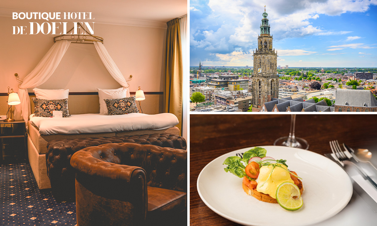 Overnachting voor 2 in suite + ontbijt + 3-gangendiner + fles bubbels in hartje Groningen
