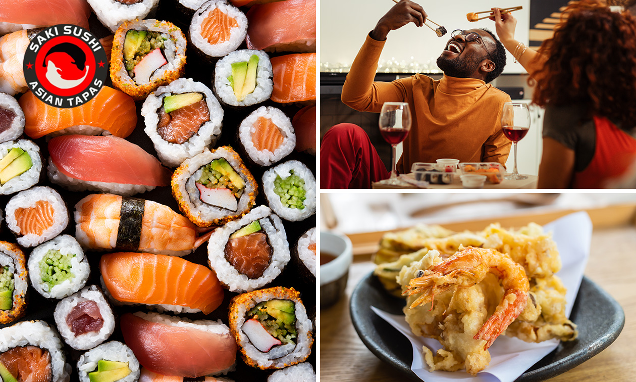 Sushibox (42 stuks) + 4x tempura scampi + mixsalade voor afhaal bij Saki Sushi Tielt-Winge