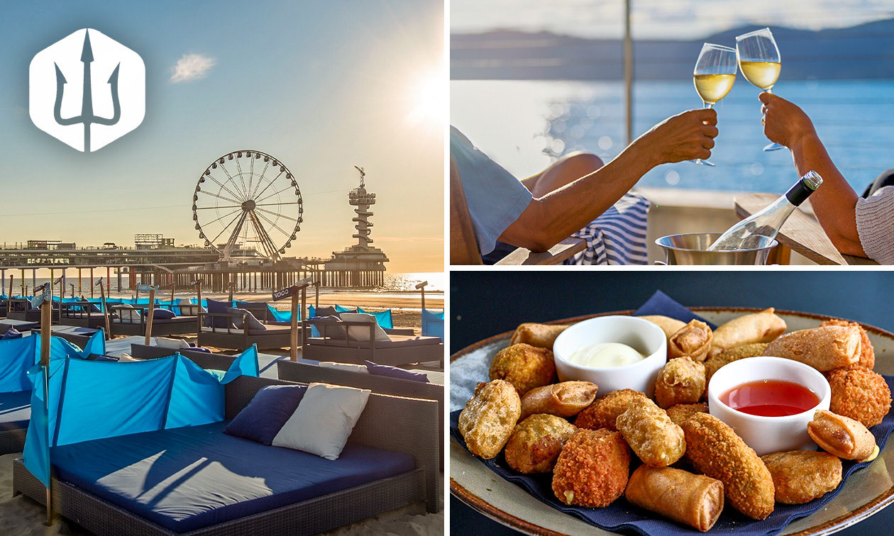 Luxe strandbed voor 2 + fles wijn + bittergarnituur op het strand van Scheveningen