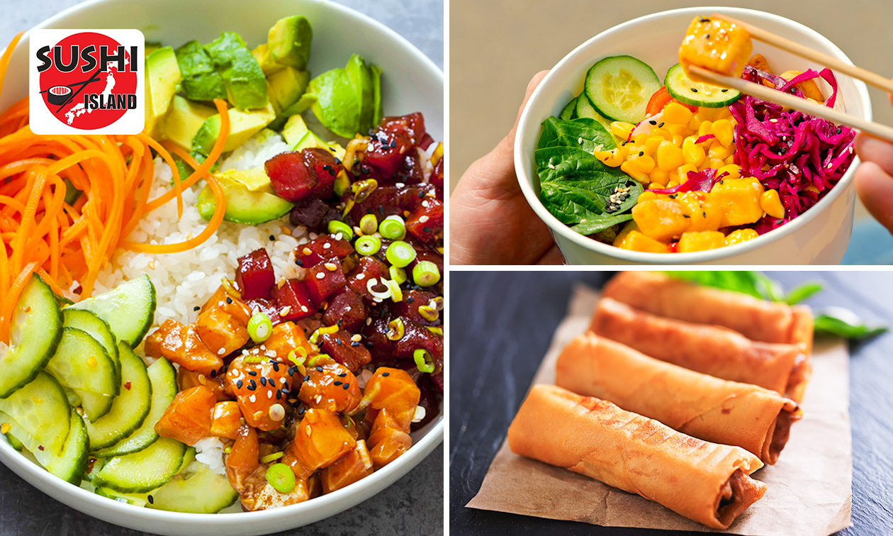 Pokébowl naar keuze + 10 loempia's voor afhaal bij Sushi Island Lelystad