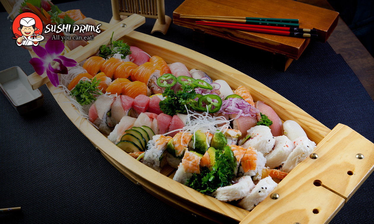 Sushiboot voor 2 personen (48 stuks) + 6 loempia's voor afhaal bij Sushi Prime