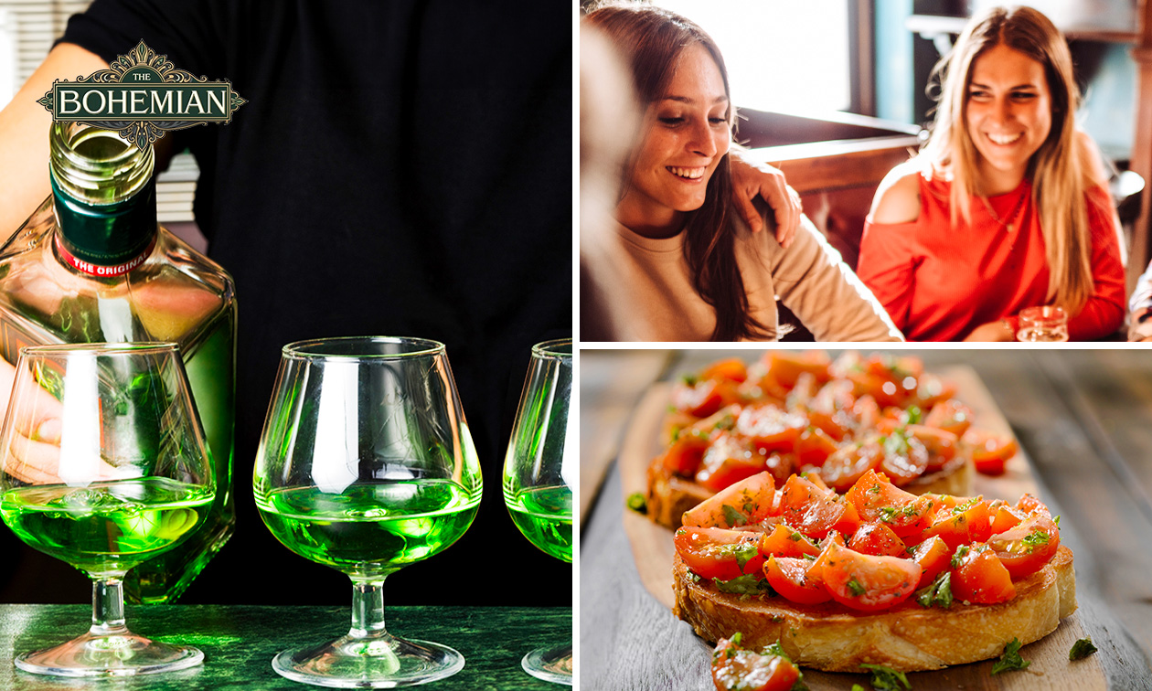 Glas of karaf absint + 2 of 4 bruschetta's van de chef Glas of karaf absint + 2 of 4 bruschetta's van de chef